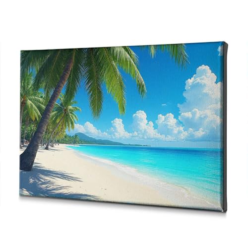 Decoración de casa de campo, paraíso tropical con palmeras y agua azul clara. Lienzo decorativo para bautismo, decoración de baño (40 x 60 cm)