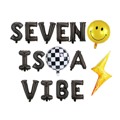 KUNGOON 7th Birthday Party Letter Balloons Set, 16 inch Black SEVEN IS A VIBE with Smiley Face, Checkered Ball, Lightning Bolt Decorations,Funny Retro Hippie 7th Birthday Party Balloons,Black.(seven)