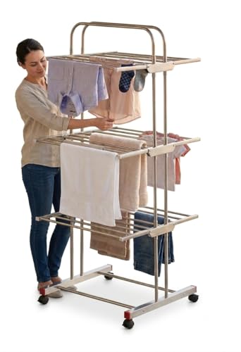Image of SR Heavy Duty 304 Stainless Steel Foldable Cloth Dryer Stand | 3 Layer Movable Clothes Drying Rack for Indoor & Outdoor | Foldable Laundry Drying Rack | Cloth Stand for Balcony (Steel Mirror)