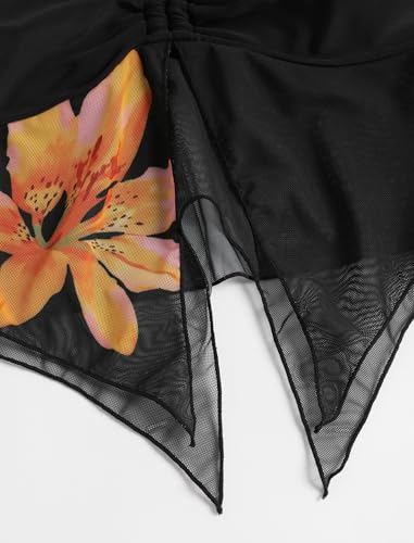 Image of ZAFUL Women 3 Piece Bikini with Cover Up Skirt Halter Bandeau Swimsuit Floral Tie Side Cheeky Bathing Suit