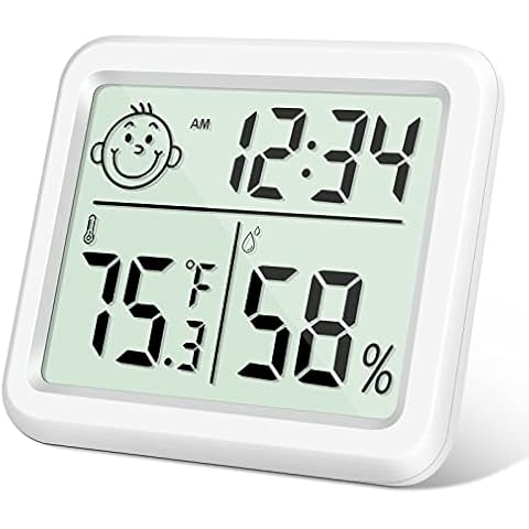 Flintronic Thermometer Hygrometer Innen, Mini LCD Anzeige Von Zeit Temperatur, Emoticon-anzeige Luftfeuchtigkeitsmesser für Den Innenbereich Cover