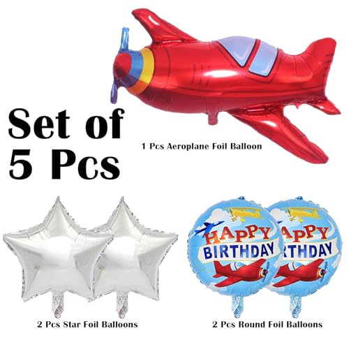Image of Rozi Decoration Airplane Theme Birthday Party Foil Balloons Set - Red Plane, Star and Round Happy Birthday Balloons Decoration Kit for Kids Party Supplies Set of 5 Pcs