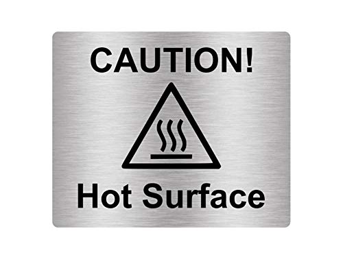 Image of Caution Hot Surface Sign with Adhesive Sticker Notice, SILVER/GOLD/YELLOW/RED engraved with Universal Icon Symbol and Text (Size 12cm x 10cm) (Silver)
