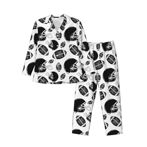 Black And White American Football Mens Pajamas Set Button Down Sleepwear Set Long Sleeve Loungewear With Pockets3