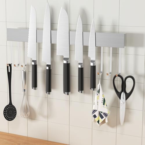SMART&COOL Magnetic Knife Holder for Wall with 6 Hooks - 40CM Stainless Steel Knife Magnetic Strip, Extra Strong Rack for Knives, Kitchen Utensils and Tools - Image 3