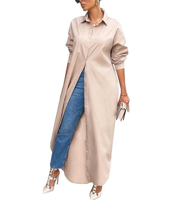 Robe chemise boutonnée manches longues kaki femme XL col en V : tunique longue fluide et droite