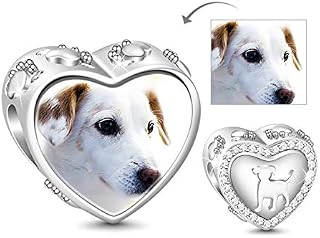 GNOCE Heart Shaped Custom Photo Charm Bead Sterling Silver Your Puppy is Always There to Brighten Your Day Personalized Dog Picture Charm Fit for Bracelet Necklace