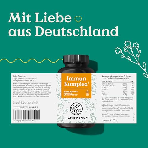 NATURE LOVE® Immun Komplex - 120 Kapseln - 4 Monate Reichweite - mit Echinacea-Extrakt, Vitamin C & D, Zink, Selen und Histidin - Immunsystem unterstützen* - hochdosiert, laborgeprüft aus Deutschland