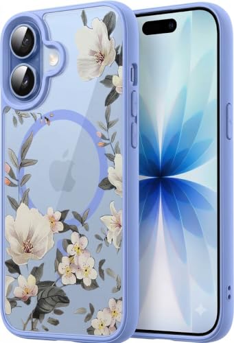 Image of VONZEE Luxury Retro Floral Case Compatible with iPhone 17 Clear PC+TPU Shockproof Back Cover, MagSafe Compatible Wireless Charging Support, Cute Glossy Protective Case for Women & Girls, Official Blue