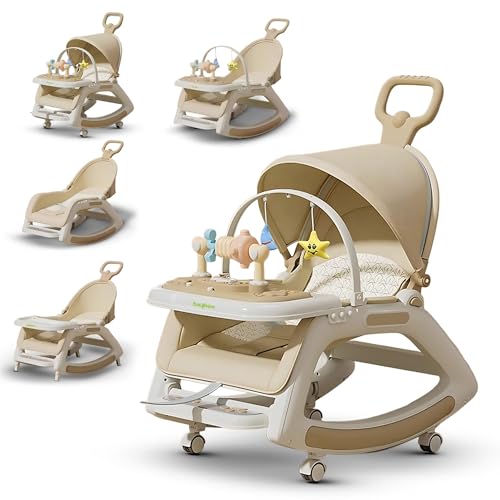 Baybee 5 in 1 Baby Rocking Chair for Kids Baby Bouncer Chair with Multi Position Recline Canopy Rope & Handle Toddler Rocker with Music Wheels & Food Tray Baby Dining Chair for Boys Girls (Beige)