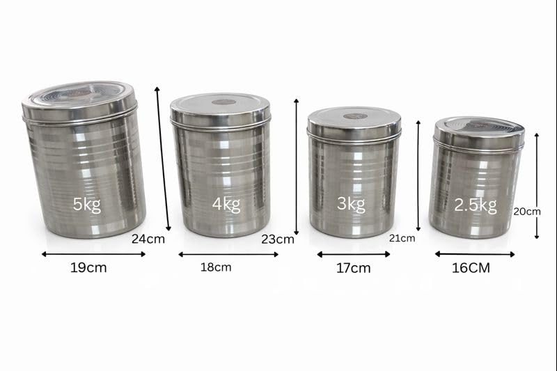 Image of Duodeno Stainless Steel Storage Container Set | 2.5kg, 3kg, 4kg & 5kg Airtight Canisters | Food-Grade, Rust-Free Steel Dabba for Kitchen | Ideal for Sugar, Tea & Spices (4-Piece)