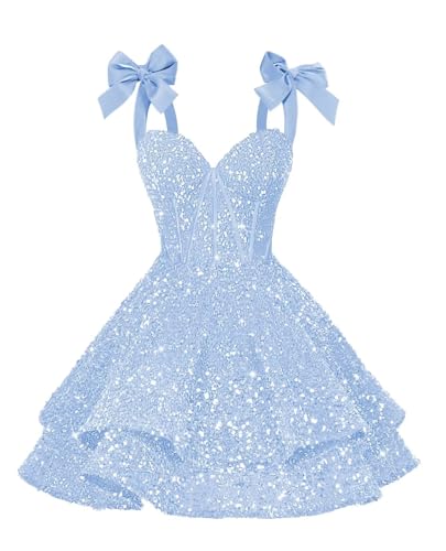 YOFF Sparkly Sequin Bows Homecoming Dresses 2026 Short Spaghetti Straps Tiered Satin Sweet 16 Prom Cocktail Dress YO2204
