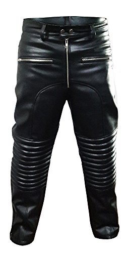 Sexy Men Real Black Leather Padded Motorcycle Bikers Pants Jeans Trousers