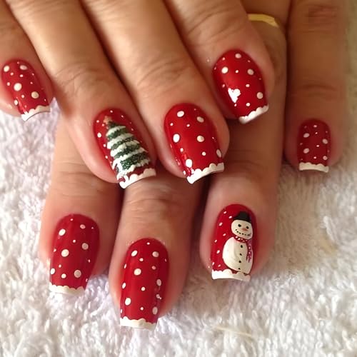 Ceboic 24 Piezas Press on Nails Ataúd, Rojo Uñas Postizas Cortas con Muñeco Nieve Árboles Navidad Diseño, Invierno Francesa Uñas Falsas, Naturales Uñas Soft Gel para Mujeres Niñas DIY Manicura