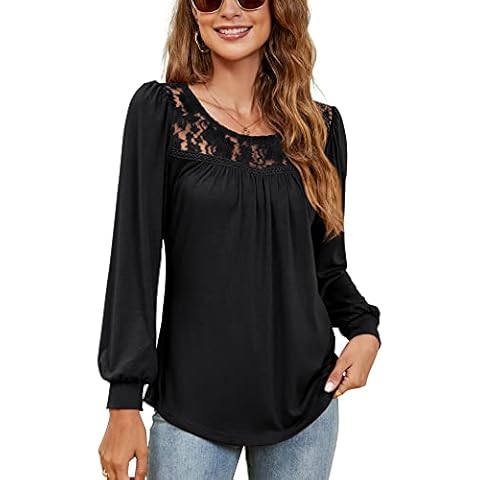 Rapbin Long Lantern Sleeve Shirts for Women Pleat Lace Shirts T Shirts Loose Casual Black Summer Tops(Black,M) Cover