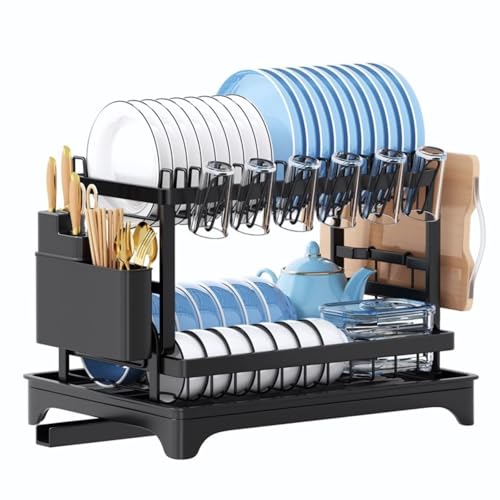 Image of Black 2 Tier Foldable Dish Drainer Rack - Stainless Steel, Large Rustproof for Kitchen Counter With Utensil Holder, Cup Holder and Drip Tray