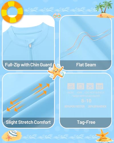 Image of Runhit Boys UPF 50+ Rash Guard Long Sleeve Zip Up 2T to Youth UV Sun Protection Shirt for Beach Surf Fish Quick Dry