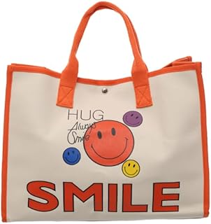 شنطة بيد علوية من القماش بنمط كاجوال بطباعة وجه مبتسم للاستخدام اليومي، لون برتقالي