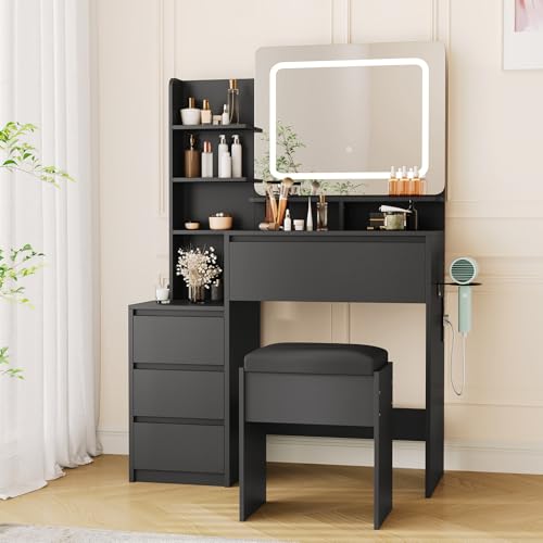 Makeup Vanity with Lights, 36-Inch Vanity Desk, 4 Large Drawers, 3 Lighting Modes, Stool & Charging Station, Modern Vanity Table for Bedroom, Women, Black