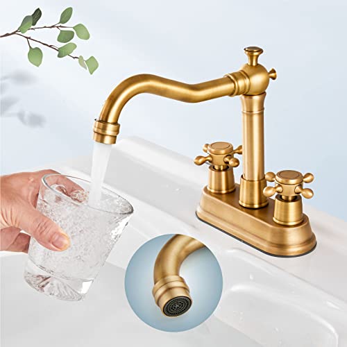 Aolemi Antique Brass 4 Inch Centerset Deck Mounted Bathroom Sink Faucet with 2 Metal Cross Handles Mixer Tap Basin Lavatory Faucet Utility 3 Hole Include Water Hose & Pop Up Drain Vanity