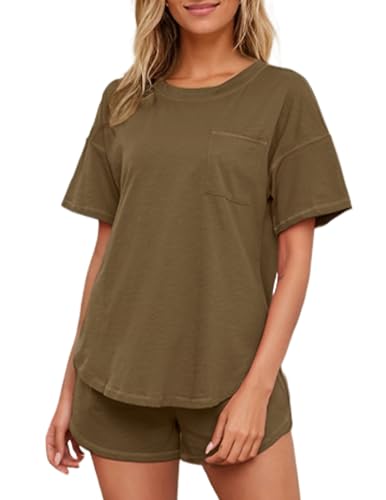 Image of KCW Pajamas for Women Set 2 Piece 100% Cotton Lounge Sets Short Sleeve Top and Shorts Pj Set Sleepwear Outfits