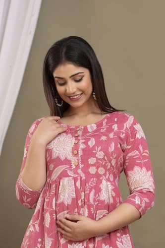 Image of Maternity Feeding Kurtis for Women Cotton - Zip Access Nursing Dress | Comfortable Pregnancy Wear | Stylish Feeding Kurti | Soft Cotton Maternity Dresses for Womens