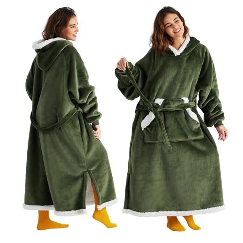 Image of Bedsure Wearable Blanket Hoodie, Long Hooded Blanket Sweatshirt as Mothers Day Gifts for Mom, Cozy Sherpa Hoodie for Adult, Small, Olive Green