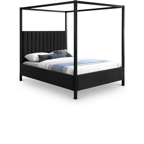 Meridian Furniture KellyBlack-Q Kelly Collection Modern | Contemporary Queen Bed with Rich Black Boucle Fabric, Matte Black Iron Metal Frame Canopy, 62.5