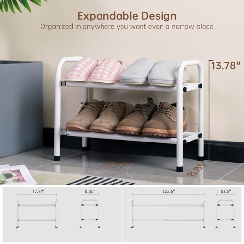 Image of Gonfoam Expandable 2-Tier Shoe Rack for Closet and Entryway, White | Tool-Free Assembly, Metal Material, Adjustable Shoe Organizer, Sturdy, Small Space Solution, Dorms, Garages, Apartments.