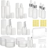 Blushtier 27 Pack Glass Travel Skincare Containers Set 0.4/0.51/0.68/1.7oz Portable Travelling Size Bottles Toiletries Leak Proof Refillable Liquid Essentials with Toiletry Bag for Cosmetic Shampoo