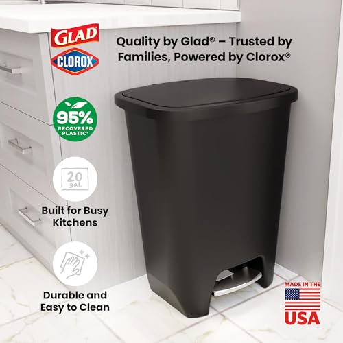 Image of Glad Premium 20 Gallon Trash Can with Clorox Odor Protection | Plastic Kitchen Waste Bin | Hands Free with Stainless Steel Foot Pedal and Garbage Bag Rings, Black