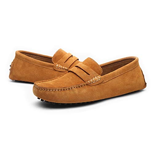Penny Loafer for Men Square Apron Toe Slip On Driving Shoes Stitching Nubuck Leather Anti Slip Rubber Sole with Grips Solid Color(Brown,10 M US)2
