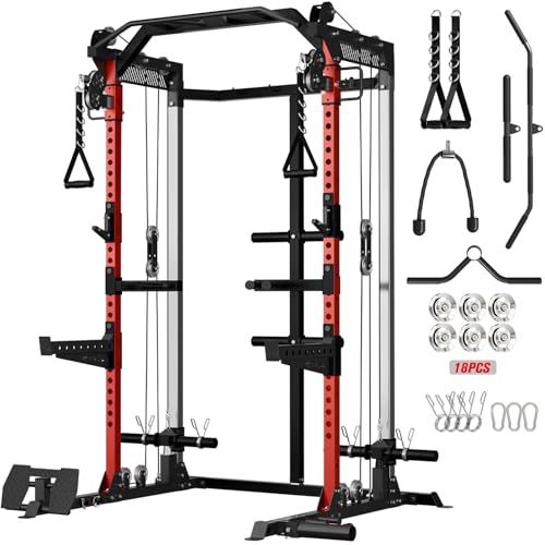 Mikolo Power Cage, 2000LB Power Rack with Independent Dual Pulley System, Multi-Function Home Gym Workout Machine for Cable Crossover (Aluminum Pulleys)