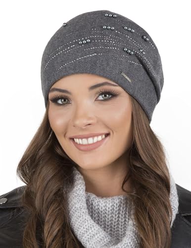 VIVISENCE Damen Mütze Strick Warm Fleece Zirkonia Perlen Elegant Winter 7012, Dunkelgrau,Einheitsgröße