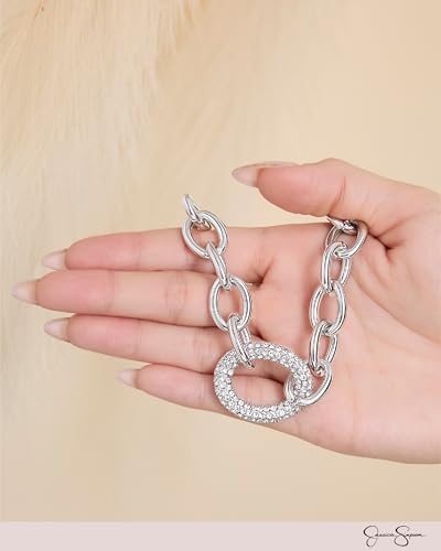 Jessica Simpson Chunky Necklace for Women, Silver-Tone Thick Chain Necklace with Crystal Pendant, Silver Jewelry4