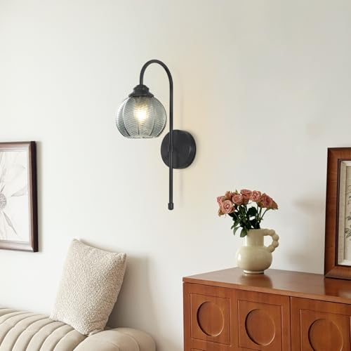 Image of KCO Lighting Smoked Glass Wall Light Large Black Globe Wall Sconce Mid Century Modern Bathroom Vanity Light Fixture Black Long Wall Sconce Farmhouse Hardwire Wall Sconce