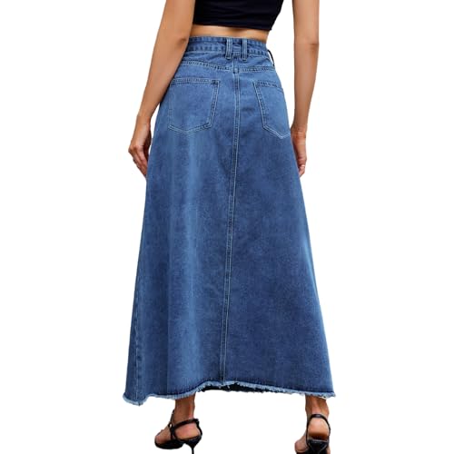Long Denim Skirts for Women High Waist Frayed Hem Distressed Ankle Length A-Line Jean Skirts3