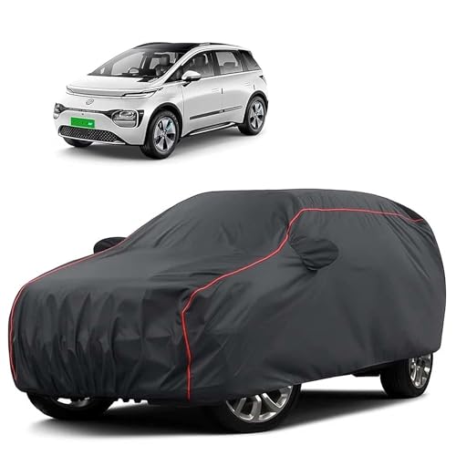 Image of Sulfar 100% Water Resistant Car Body Cover Compatible with Mirror for MG Windsor EV (Triple Stitched, Full Bottom Elastic, Dark Grey Tafetta with Red Piping)
