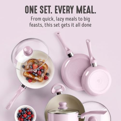 Image of GreenLife 16-Piece Nonstick Cookware Set, Non-Toxic Ceramic Pots and Pans Set, Durable Healthy Kitchen Essentials, Fast Heating, Induction Ready, Easy Clean Dishwasher Safe, PFAS-Free, Blush Pink