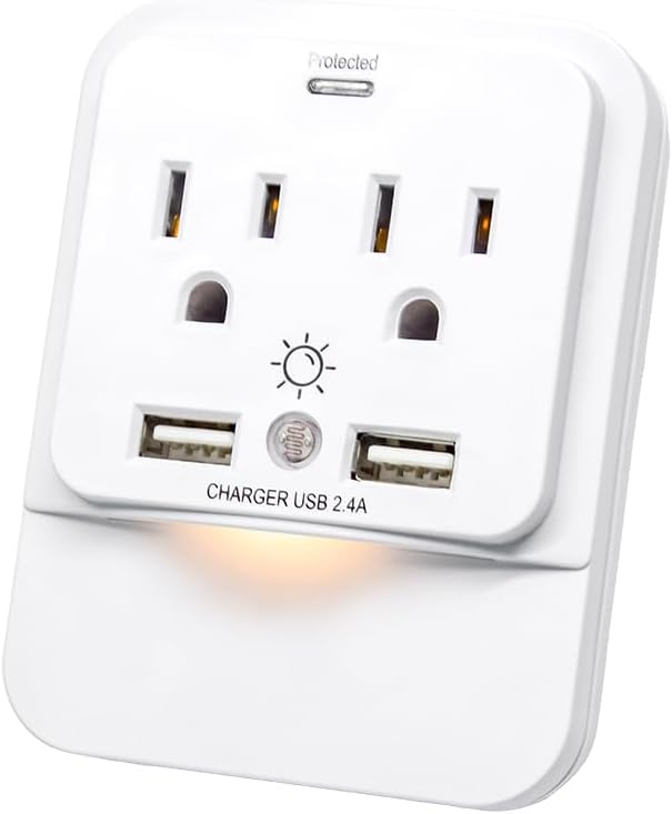 White Wall Outlets Extender with Surge Protection, 5-15P Plug to 2 Nema 5-15R AC Outlets and 2 USB Ports 2.4A, LED Night Light With Photosensitive Automatic Control,4-Pack