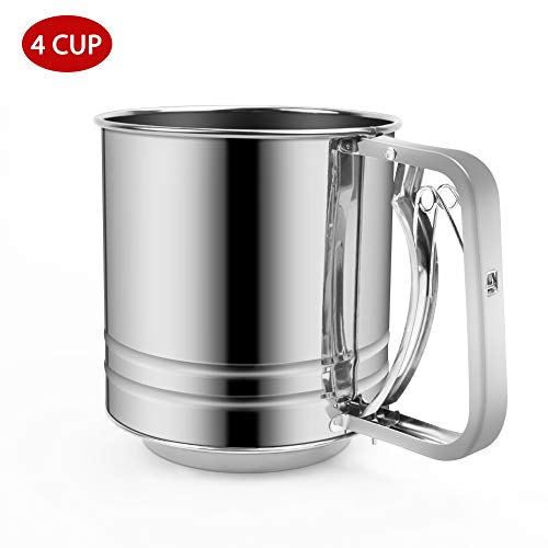 Stainless Steel Hand-held Flour Sifter with Handle,Metal Squeeze Fine Mesh Sieve for Baking,4 Cup Capacity Flour Sieve Cup for Powered Sugar