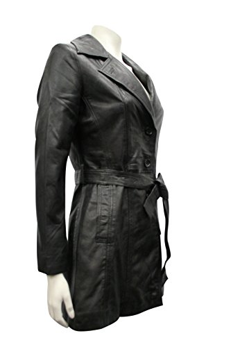 Trench pour mesdames en cuir véritable noir classique mi-long