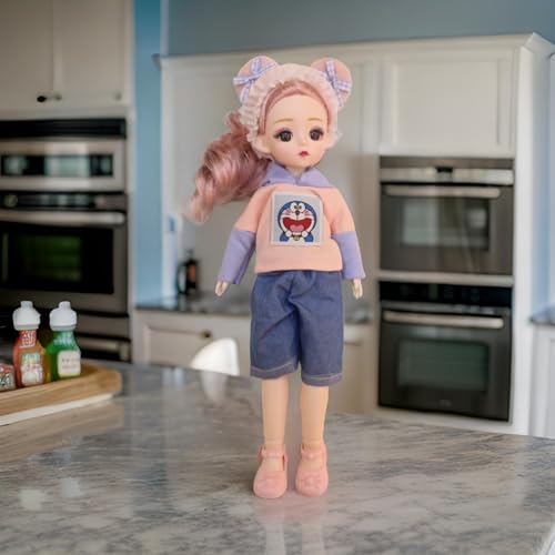 Image of Tickles Movable Joints Doll with Beautiful Eyes Fashionable Dress for Kids Girls (Color: Pink & Blue Size: 30 cm)