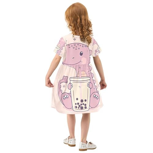 Toddler Girls' Dresses 2t Dinosaur Holding Bubble Tea Summer Short Kids Western Dress Children3