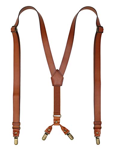 RC ROCKCOW Leather Suspenders for Men Y Back Design Adjustable Suspender with 4 Metal Clips Groomsmen Gift Wedding Brown