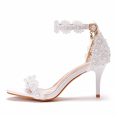 Crystal Queen Women White lace Ankle Strap High Heel Sandals Stiletto Heels Peep Toe Sandals Pump Shoes for Bride Wedding Party Evening4