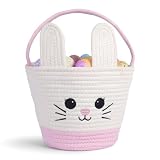 Lightilunar Easter Basket, Empty Bunny Basket, Woven Basket with Soft Handle, Sturdy Cotton Rope Gift Basket for Easter Egg Hunt and Festive Home Decoration (Pink)
