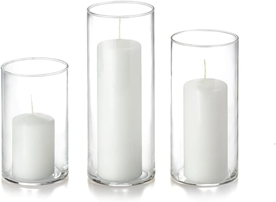 Yummi Set of 36 Slim Pillar Candles and Cylinder Vases White