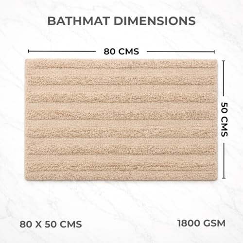 Image of Premium Combed Cotton Tufted Bathmat 50 x 80 cm, 1800 GSM Soft Absorbent Anti Skid Bathroom Floor Mat with Latex Backing, Quick Dry Non Slip Bath Rug for Shower & Daily Use, Stripes Beige