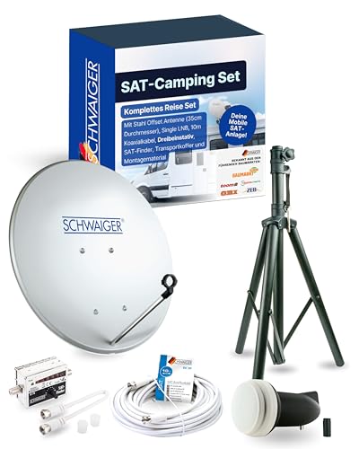 SCHWAIGER SAT-Camping Set I Satellitenanlage Komplettset I 35 cm Stahl Offset Antenne, Single LNB, SAT-Finder, Dreibeinstativ, 10 m Koaxialkabel & Montagematerial I Mobile SAT-Anlage